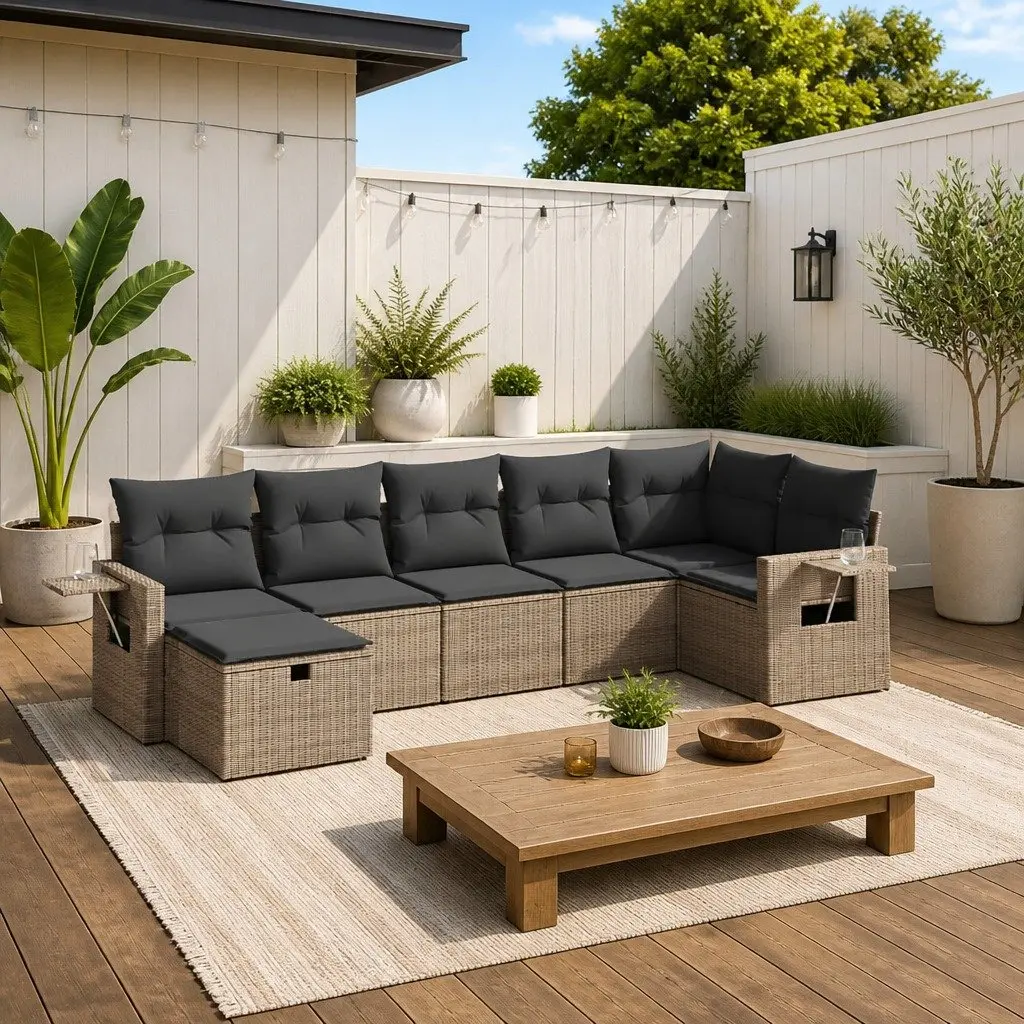 7 Piece Garden Sofa Set PE Rattan Modular Grey Outdoor Patio Furniture