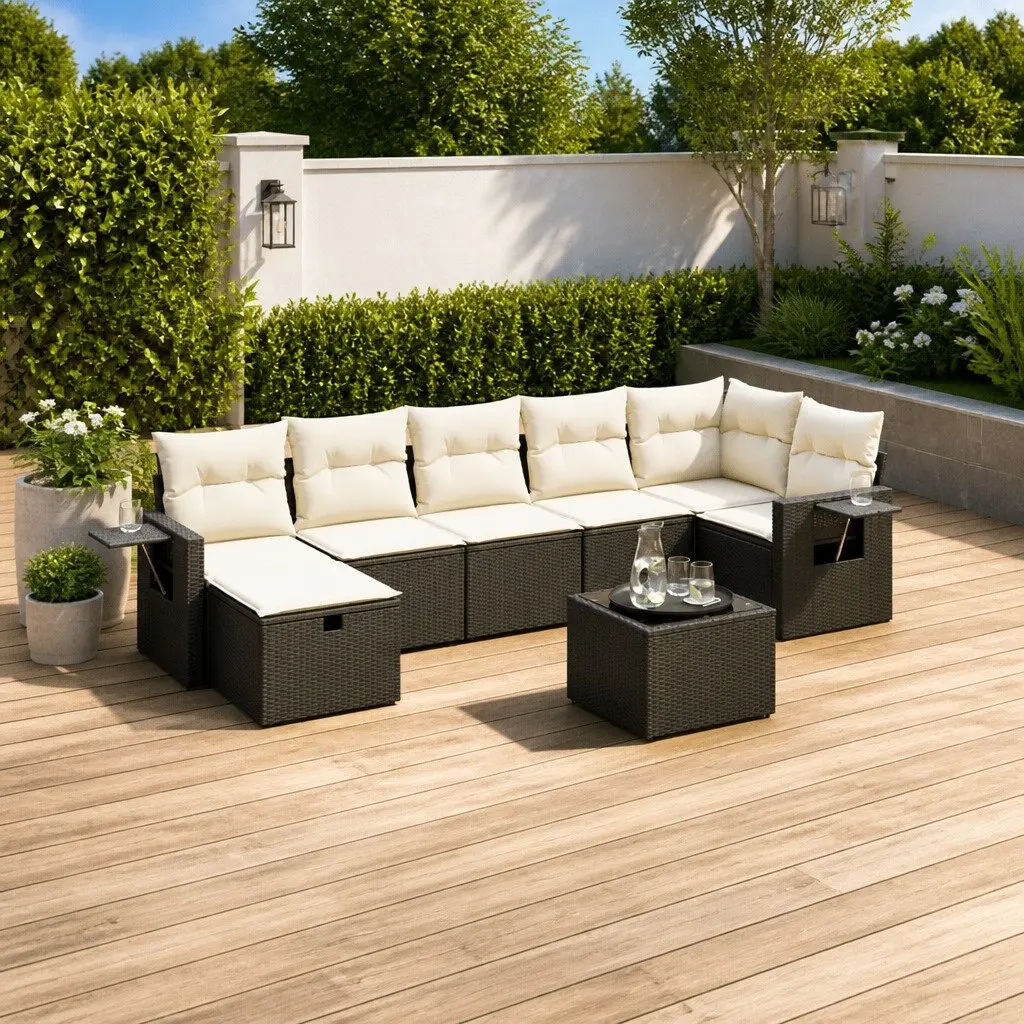 Garden Sofa Set PE Rattan 8 Piece Outdoor Furniture Black with Cushions