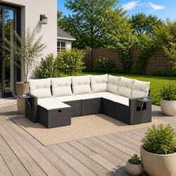 Quality 7 Piece Black Poly Rattan Sofa Set with Cushions