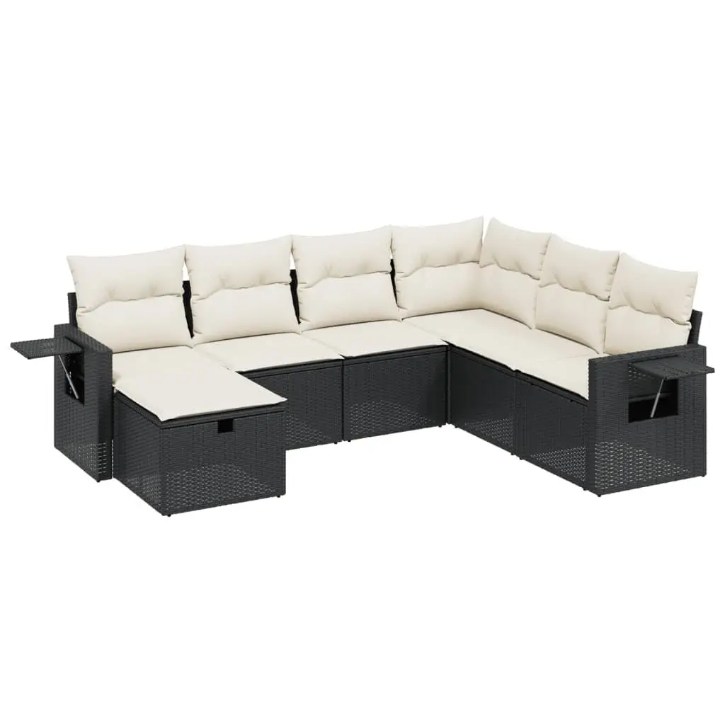 7 Piece Black Poly Rattan Sofa Set with Cushions