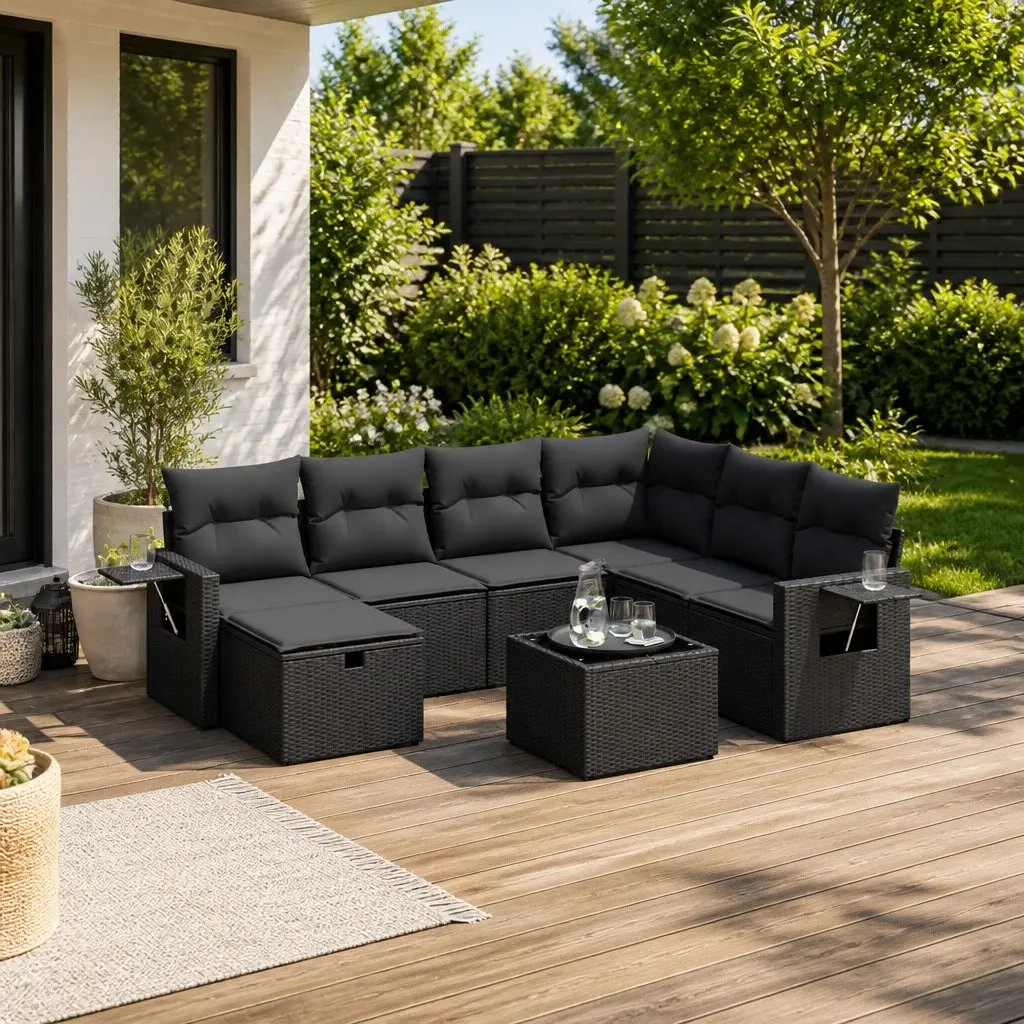Garden Sofa Set PE Rattan 8 Piece Outdoor Furniture Patio Black with Cushions