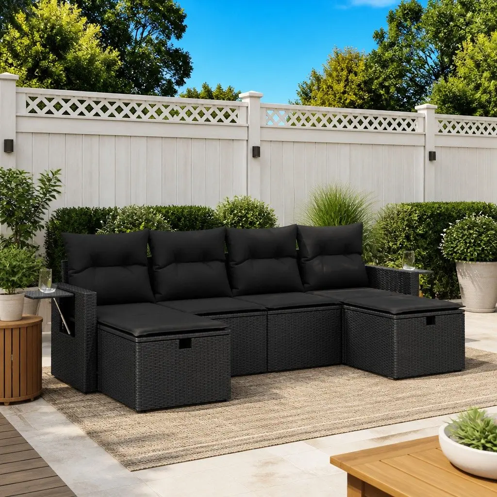 Garden Sofa Set PE Rattan 6 Piece Outdoor Furniture Patio Seating Black