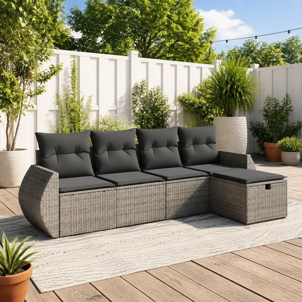 5 Piece Garden Sofa Set PE Rattan Modular Grey Outdoor Patio Furniture
