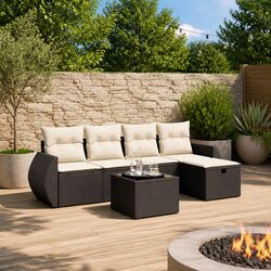 6-Piece Black Poly Rattan Garden Sofa Set with Cushions