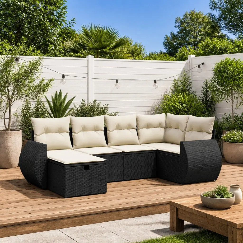 6 Piece Garden Sofa Set with Cushions Black Poly Rattan