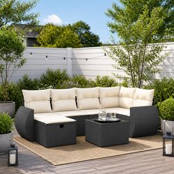 7 Piece Black Poly Rattan Outdoor Sofa Set with Glass