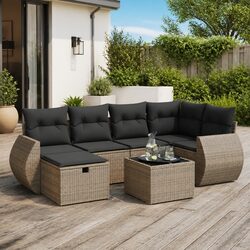 7-Piece Grey Poly Rattan Outdoor Garden Sofa Set