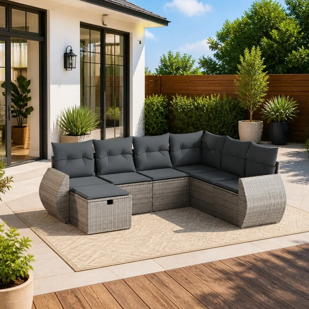 7 Piece Garden Sofa Set Poly Rattan Grey with Cushions