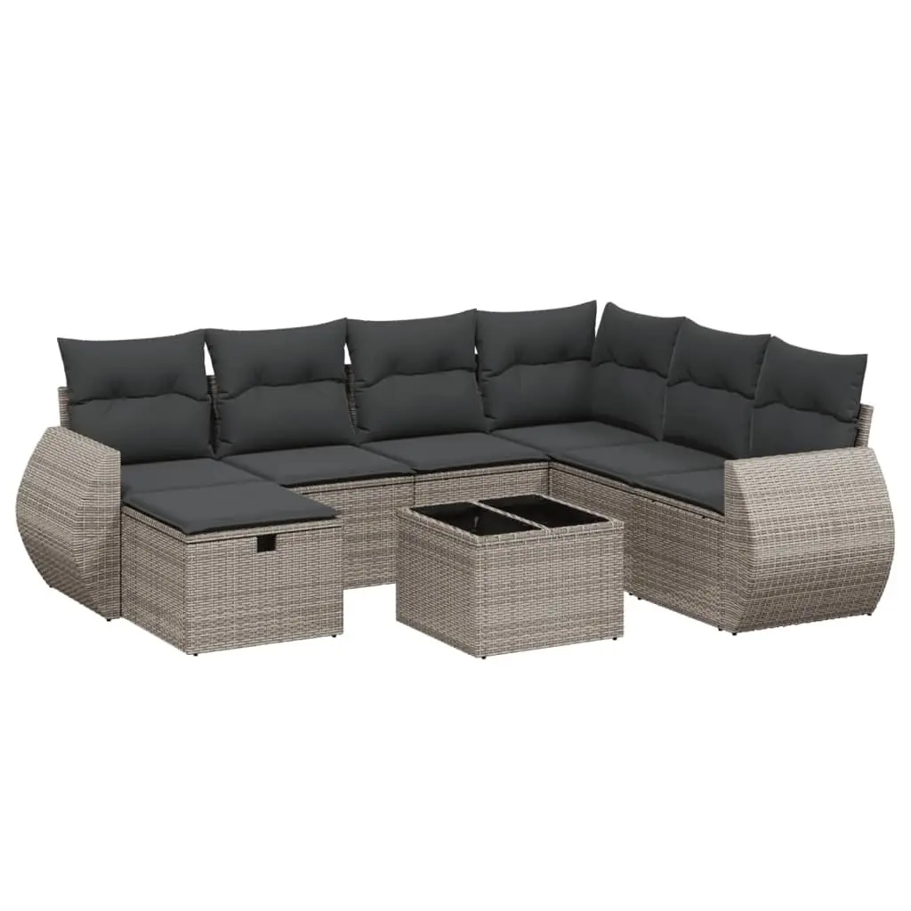 Garden Sofa Set PE Rattan Powder-coated Steel 8 Piece Grey with Cushions Tempered Glass Table