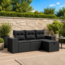 4-Piece Black Poly Rattan Garden Sofa Set with Cushions