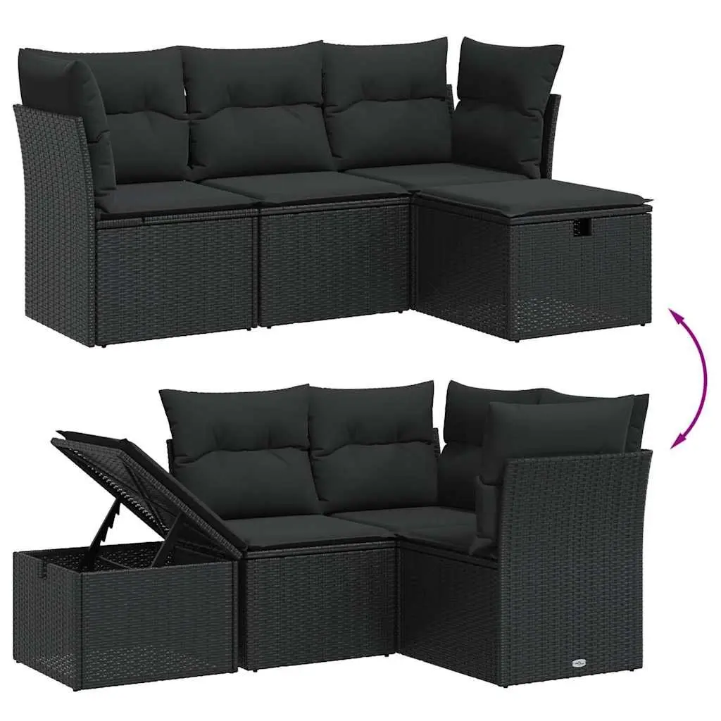 4-Piece Black Poly Rattan Garden Sofa Set with Cushions
