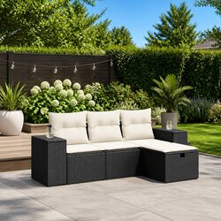 Sturdy 4-Piece Black Rattan Garden Sofa Set with Cushions