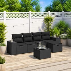 Durable 6-Piece Black Poly Rattan Garden Sofa Set