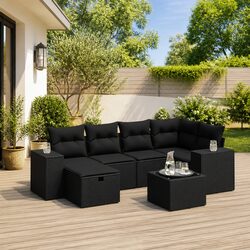 7-Piece Black Poly Rattan Garden Sofa Set with Cushions