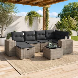 7-Piece Grey Modular Patio Lounge Set with Glass Table