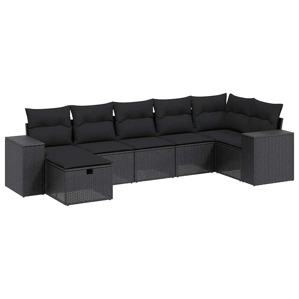 7 Piece Garden Sofa Set PE Rattan Black with Cushions