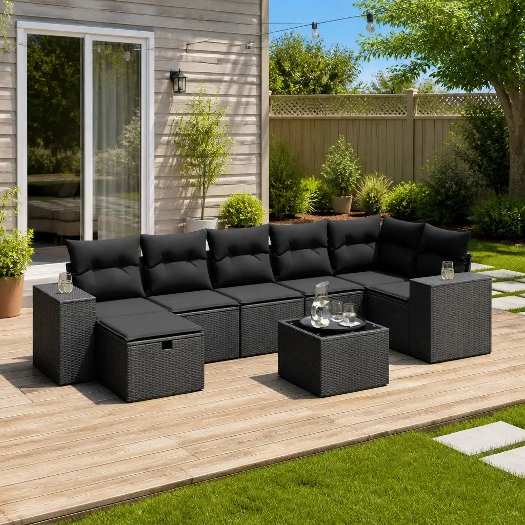 Garden Sofa Set PE Rattan 8 Piece Outdoor Furniture Black Powder Coated Steel