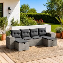 6-Piece Modular Grey Poly Rattan Sofa Set for Outdoors