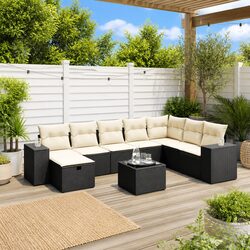 9-Piece Black Poly Rattan Garden Sofa Set with Cushions