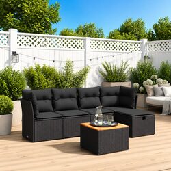 6-Piece Black Poly Rattan Garden Sofa Set