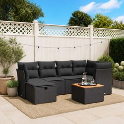 7 Piece Black Poly Rattan Garden Sofa Set with Cushions