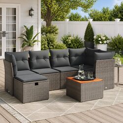 7-Piece Grey Modular Garden Sofa Set with Acacia Table