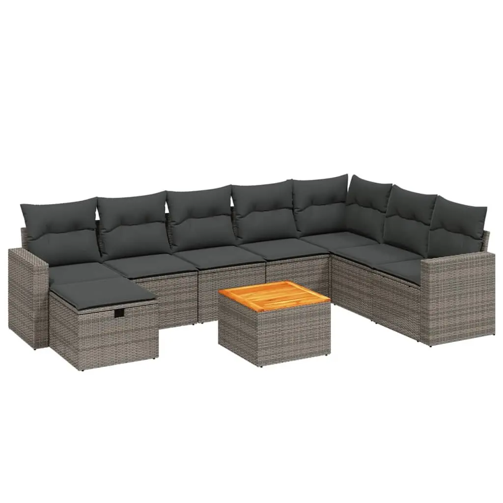 Garden Sofa Set PE Rattan 9 Piece Modular Outdoor Furniture Grey Steel Frame Acacia Wood Table