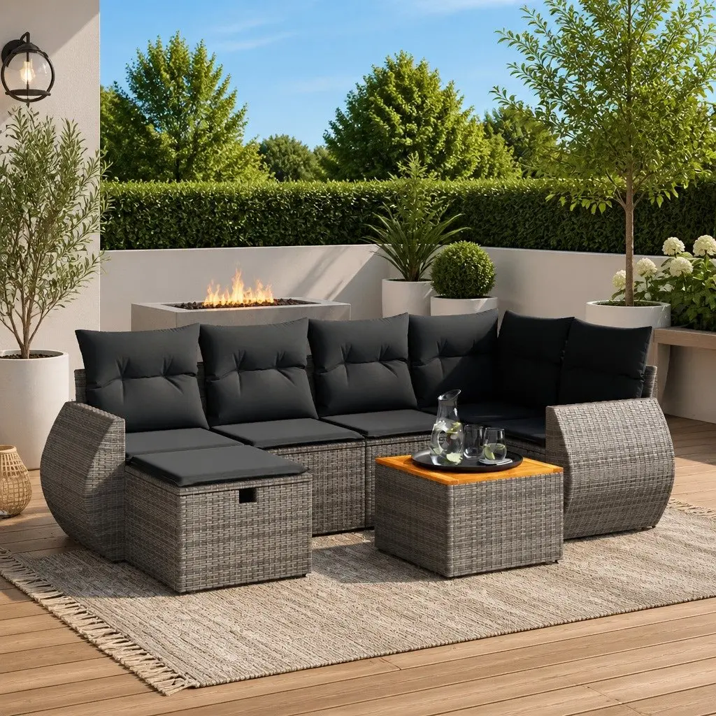 Grey Poly Rattan 7 Piece Garden Sofa Set with Cushions
