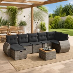8-Piece Grey Poly Rattan Garden Sofa Set with Cushions
