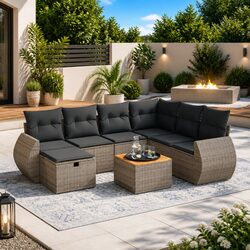 8-Piece Outdoor Garden Sofa Set in Grey Poly Rattan