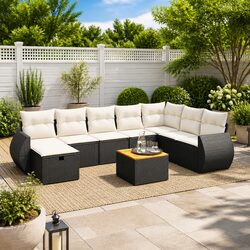 Durable 9 Piece Black Poly Rattan Outdoor Sofa Set