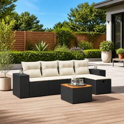 Durable 6 Piece Black Poly Rattan Garden Sofa Set