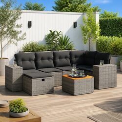 7-Piece Grey Poly Rattan Garden Sofa Set with Acacia Top