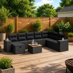 High-Quality 9 Piece Black Poly Rattan Garden Sofa Set