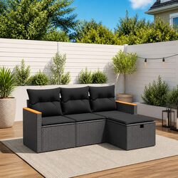 4-Piece Black Modular Garden Sofa Set with Cushions