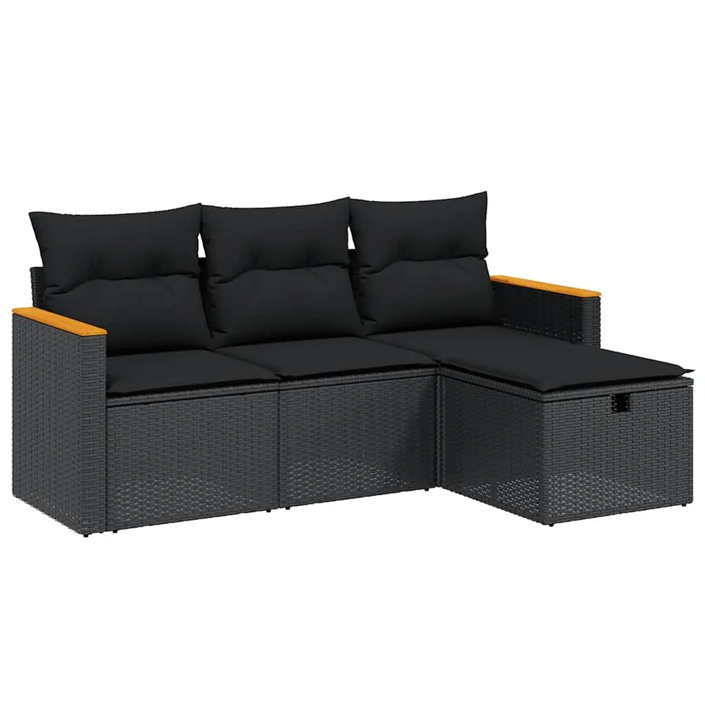 Garden Sofa Set PE Rattan 4 Piece Black Outdoor Patio Furniture with Cushions