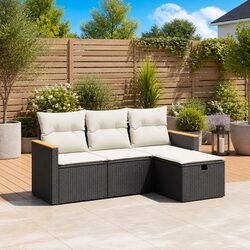Sturdy 4 Piece Rattan Garden Sofa Set with Black Cushions
