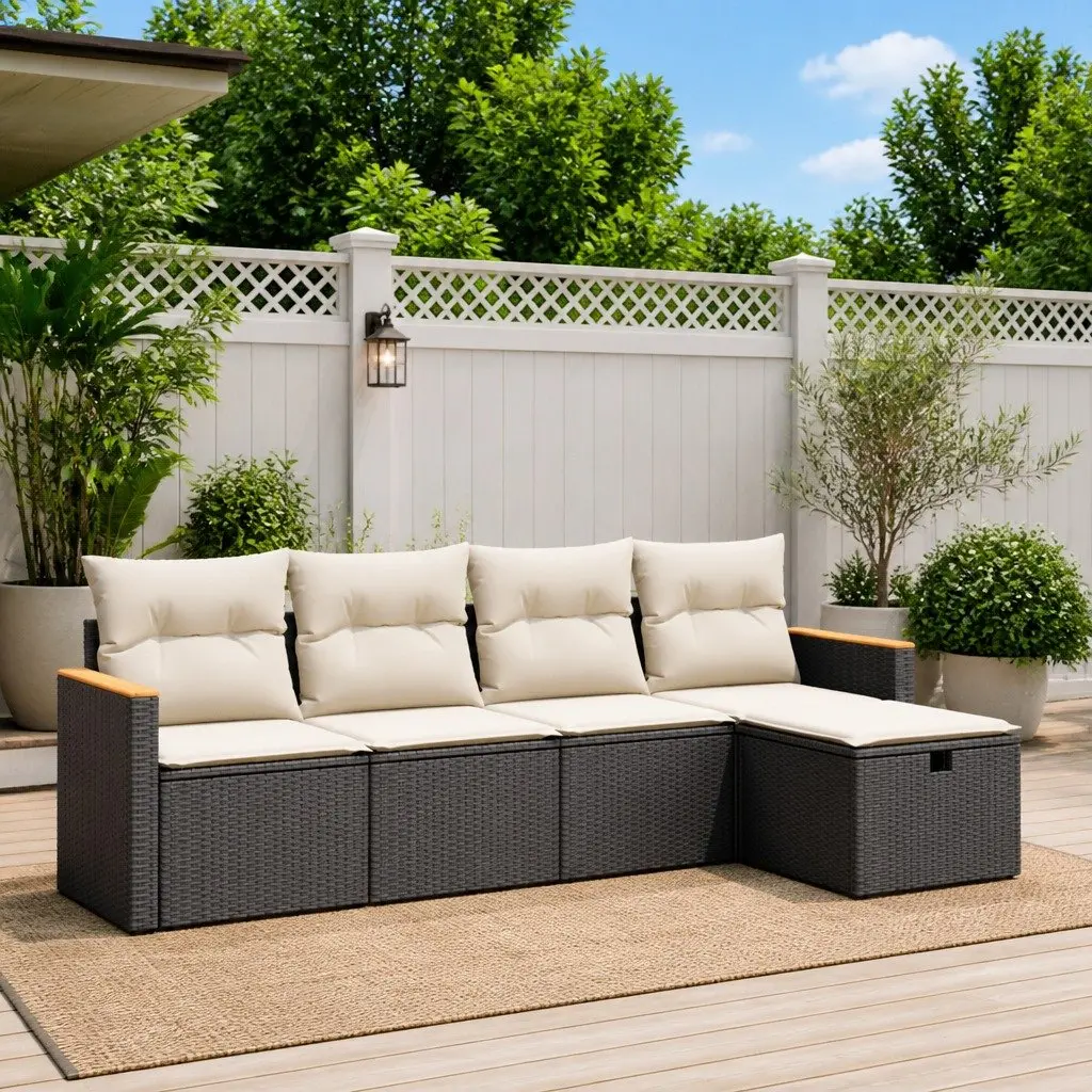 5 Piece Outdoor Sofa Set PE Rattan Black with Cushions