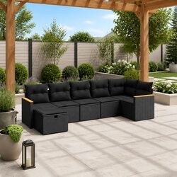 7-Piece Black Outdoor Garden Sofa Set with Cushions