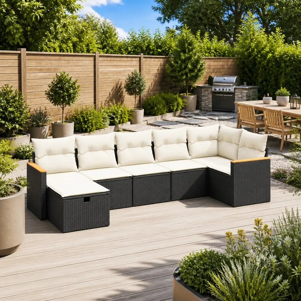 7 Piece Garden Sofa Set PE Rattan Powder-coated Steel Black Outdoor Patio Furniture Modular