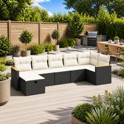 High-Quality 7 Piece Black Garden Sofa Set with Cushions