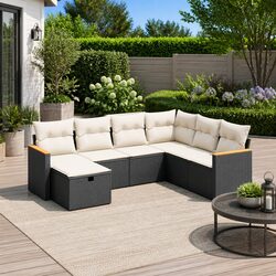 Stylish 7 Piece Black Poly Rattan Outdoor Dining Sofa Set