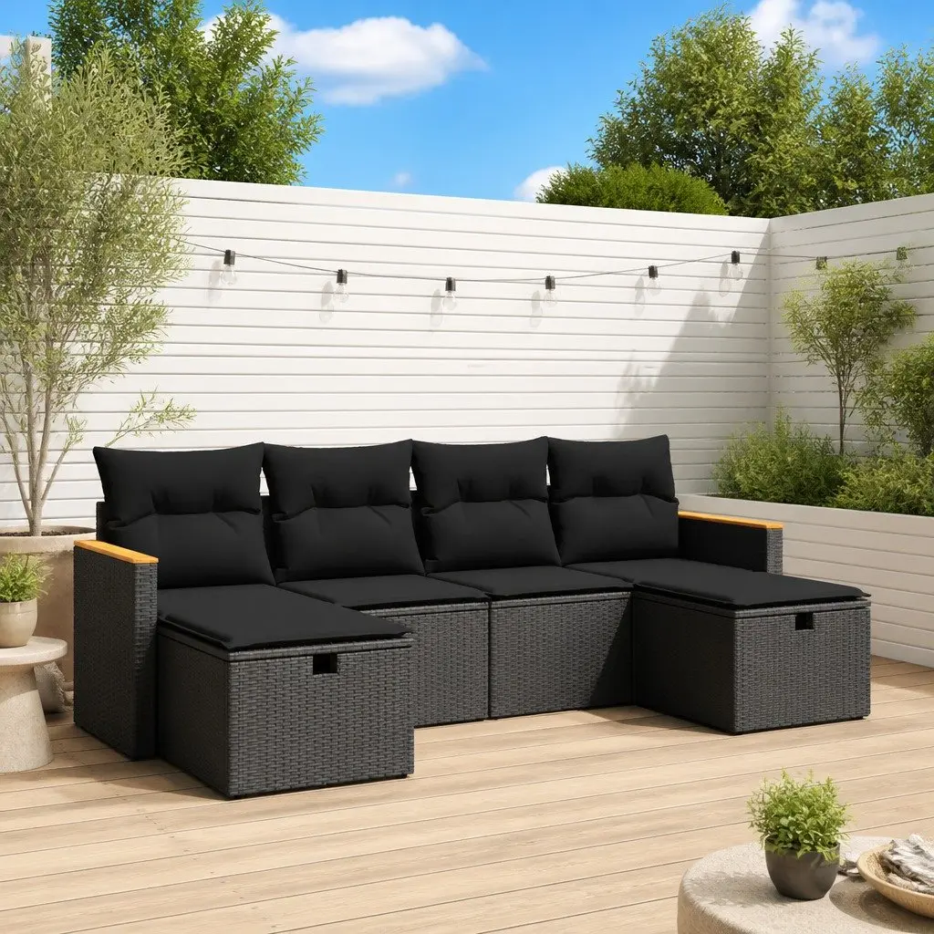 Outdoor Garden Sofa Set 6 Piece Black Poly Rattan