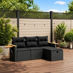 Durable Black Rattan 4-Piece Garden Sofa Set with Cushions