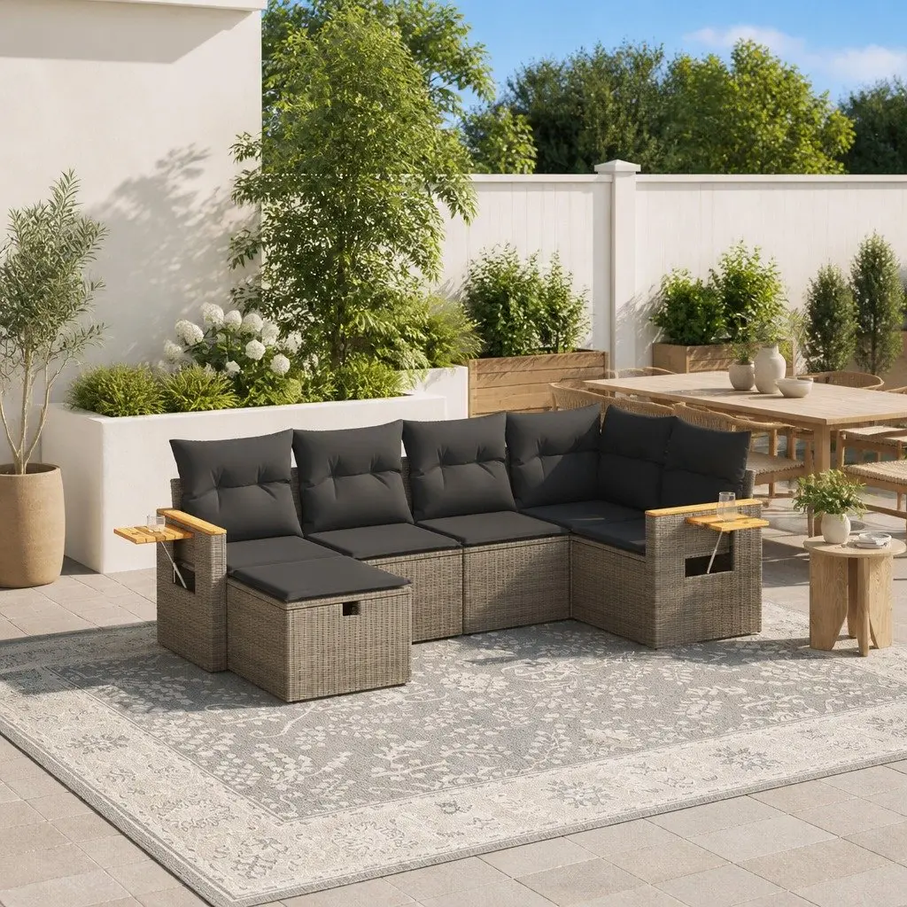 Grey Modular 6-Piece Outdoor Garden Sofa Set with Cushions