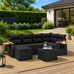 Durable 7 Piece Garden Sofa Set with Black Cushions