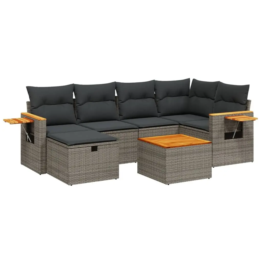 7 Piece Garden Sofa Set PE Rattan Acacia Wood Grey Outdoor Furniture