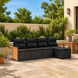 Durable 5 Piece Black Rattan Garden Sofa Set with Cushions