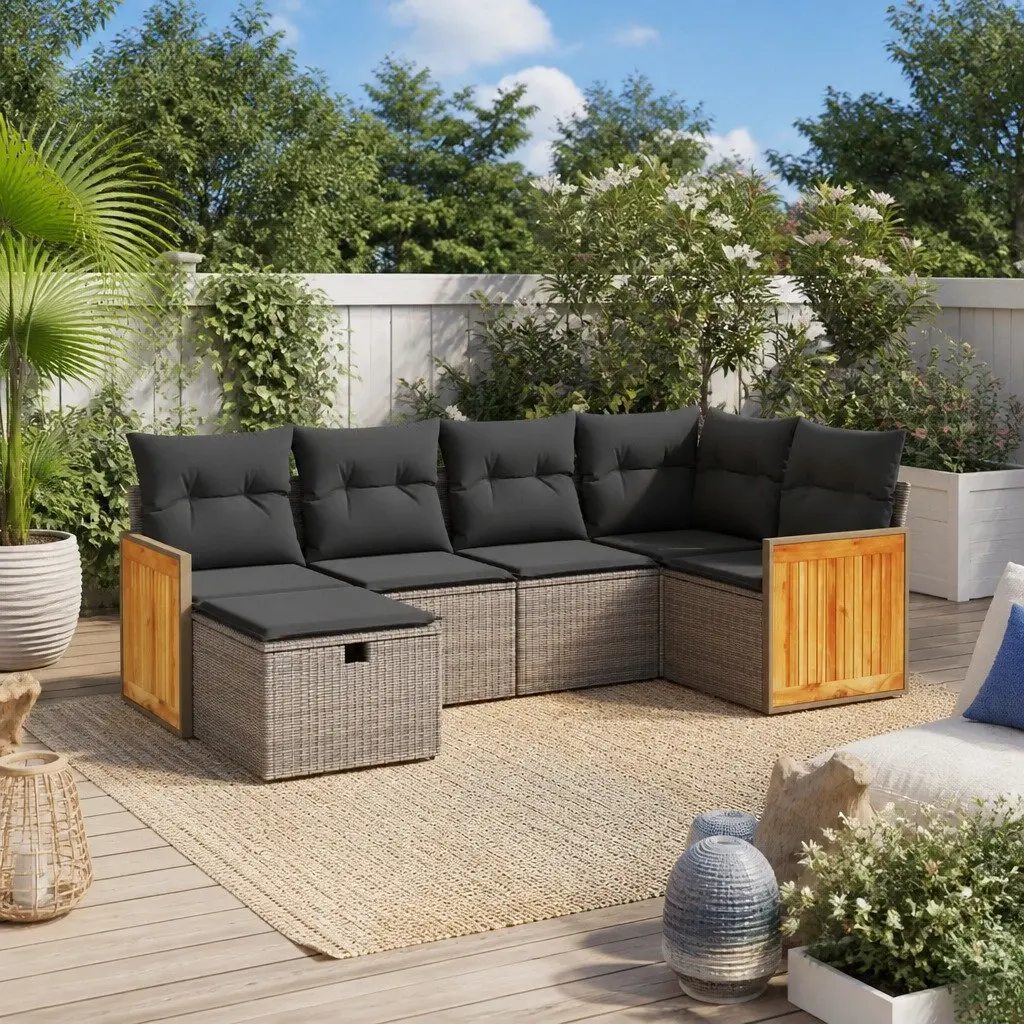 Modular 6-Piece Outdoor Garden Sofa Set with Grey Cushions