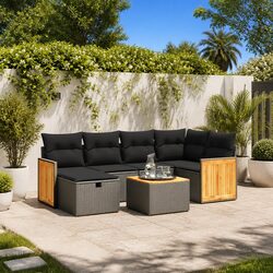 Sturdy 7 Piece Black Rattan Garden Sofa Set with Cushions